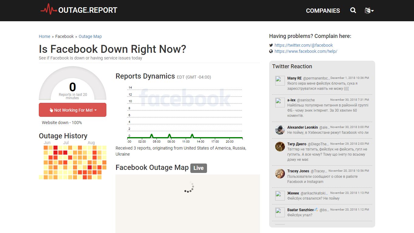 Facebook Down? Service Status, Map, Problems History - Outage.Report