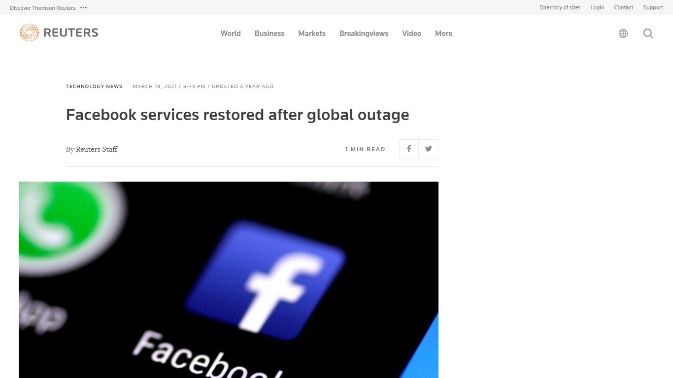 Facebook services restored after global outage | Reuters
